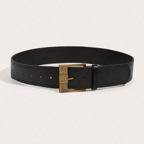 Square Buckle Thick Vegan Leather Belt Black - Picture 2 of 4